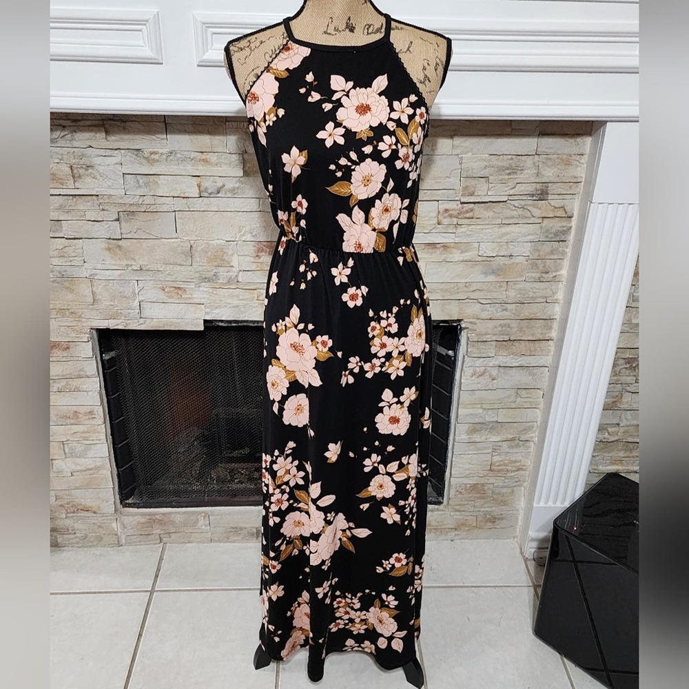 French Grey super soft black and blush pink floral maxi‎ dress size SP petite